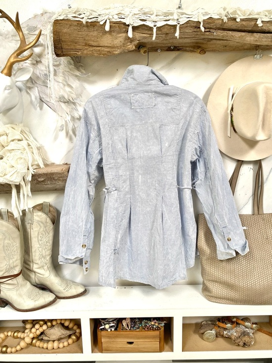 Free People Marten Oxford Stripe tie dye rustic vibe blouse w Tie-Back - Picture 12 of 14